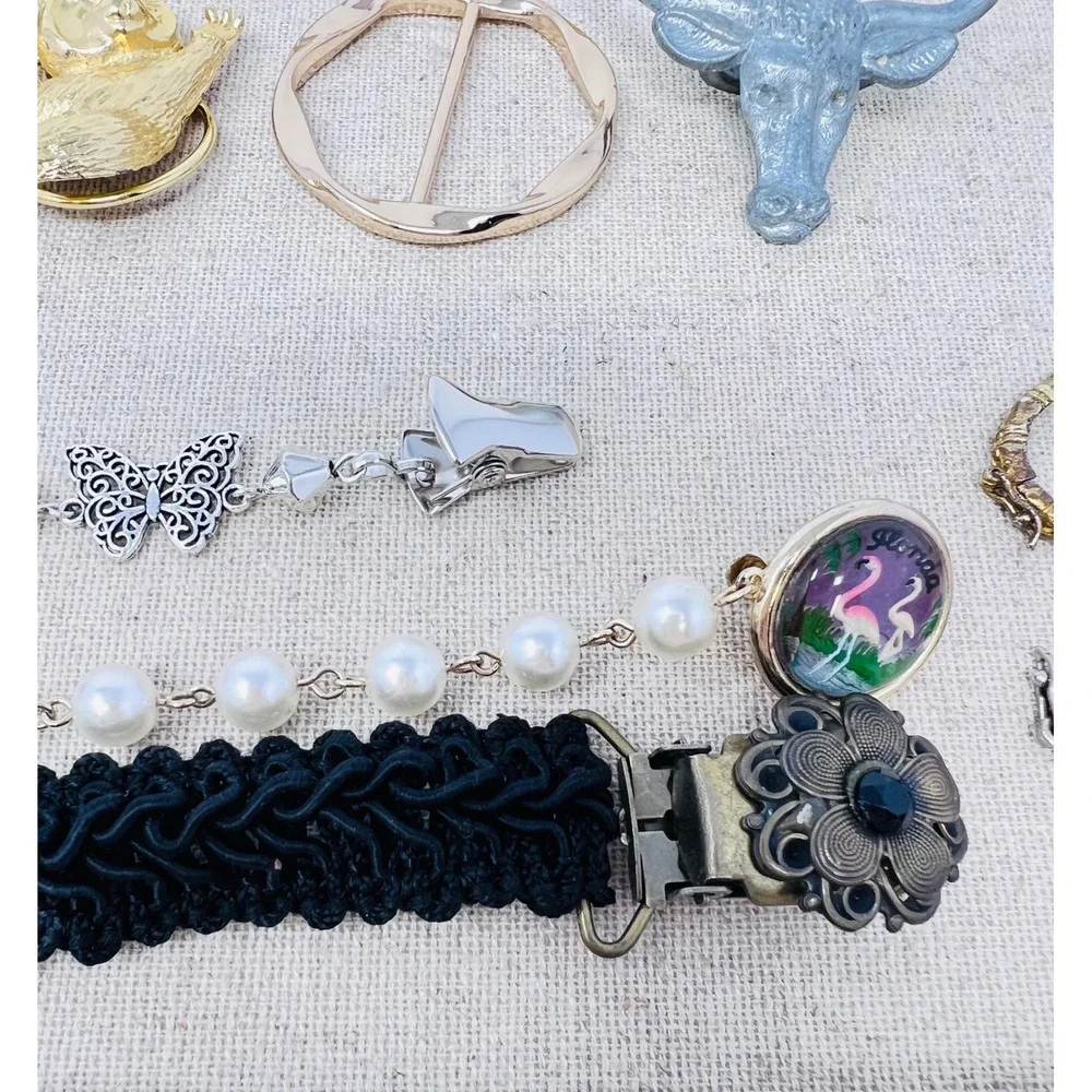 Vintage Gold & Silver Tone Scarf Slide Clip Panda Flamingo Sweater Lot of 23